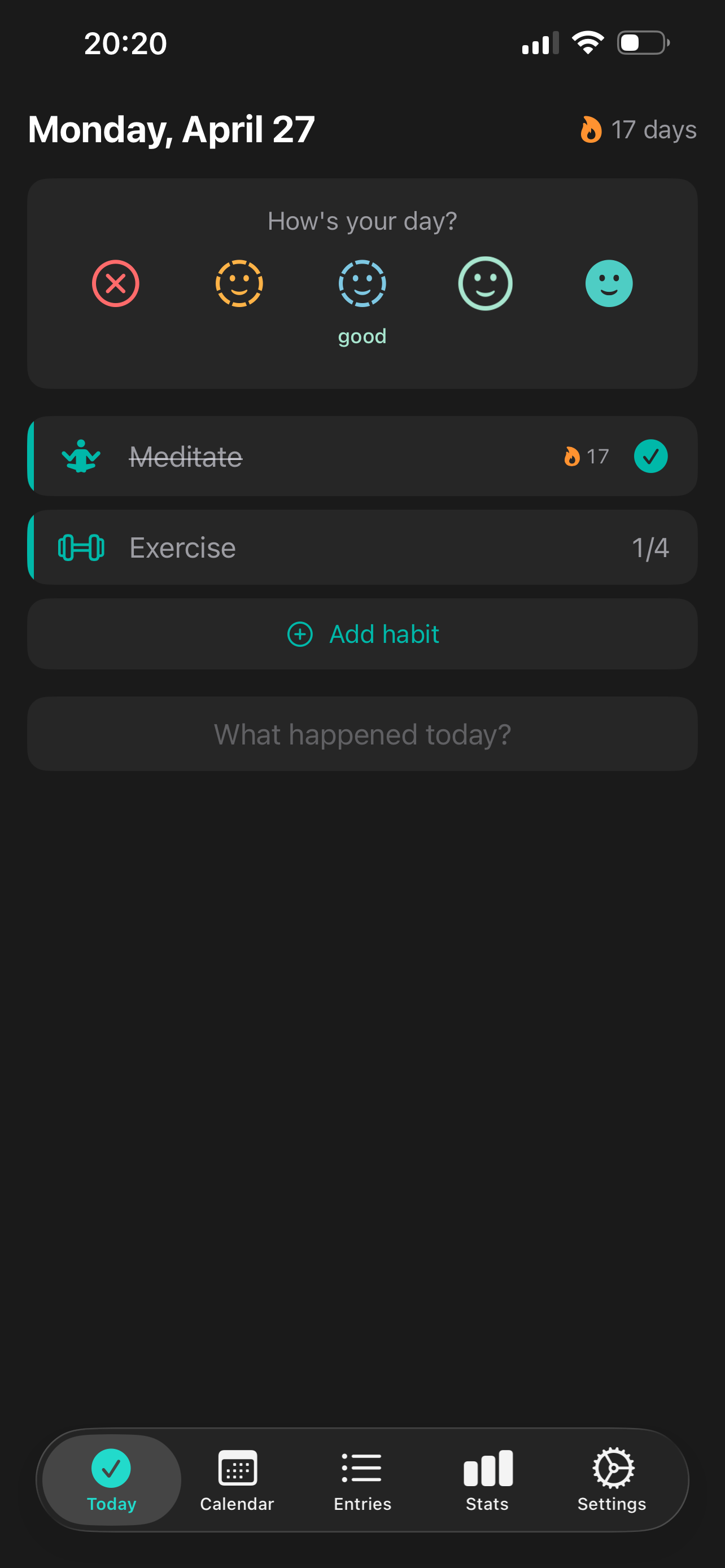 The HabitAI Today screen on iPhone. Monday, April 27, with a 17-day streak indicator at the top right. A 'How's your day?' card with five mood faces, 'good' selected. Below it: Meditate (completed, 17-day streak), Exercise (1 of 4 reps logged), an Add habit button, and a 'What happened today?' note field.