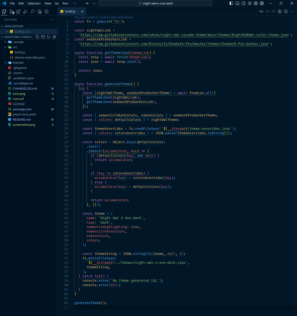 Night Owl X One Dark theme preview