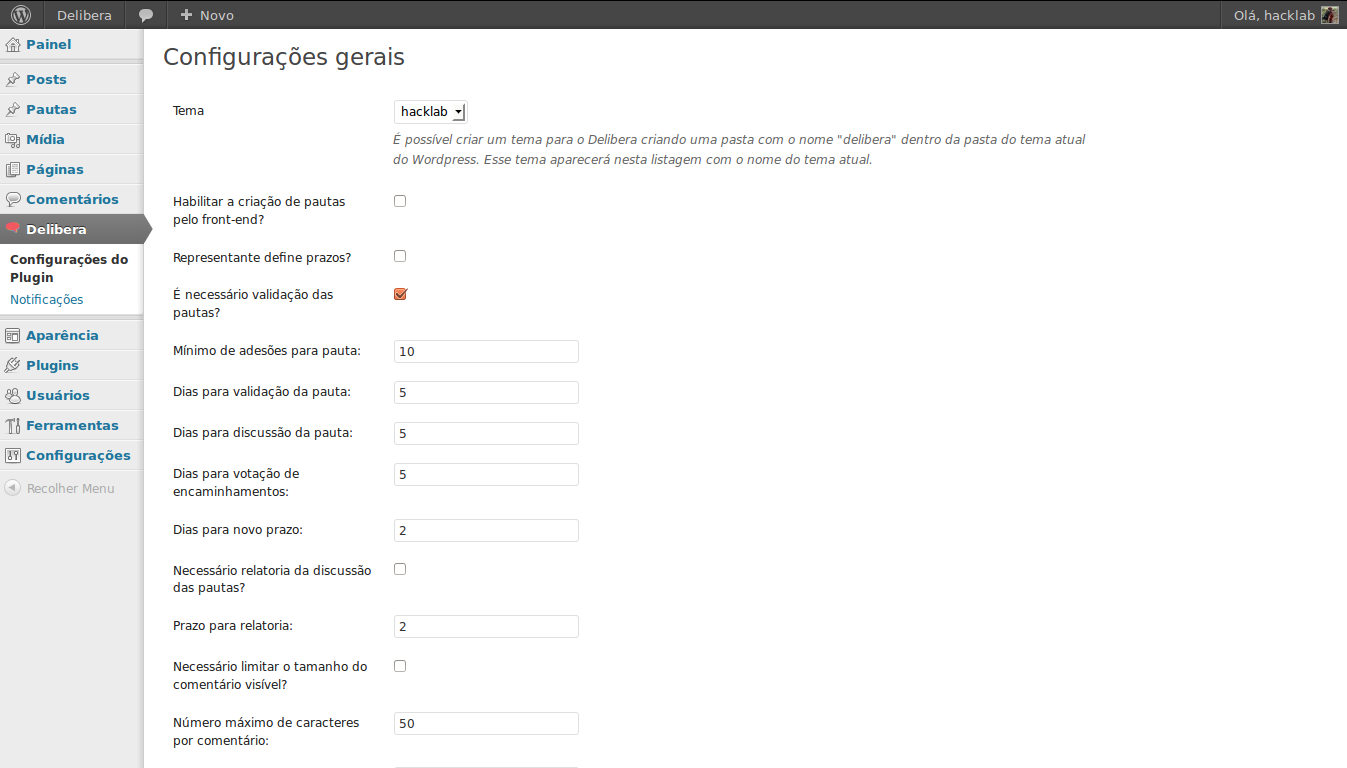 Tela de configuração do plugin