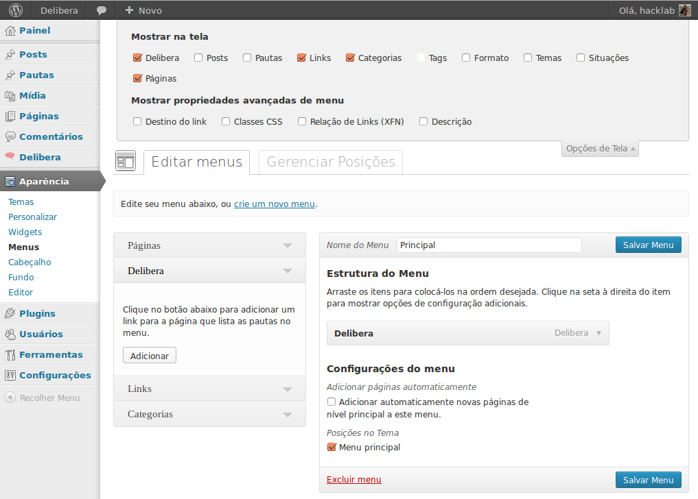 Como adicionar um link para o Delibera no menu do WordPress