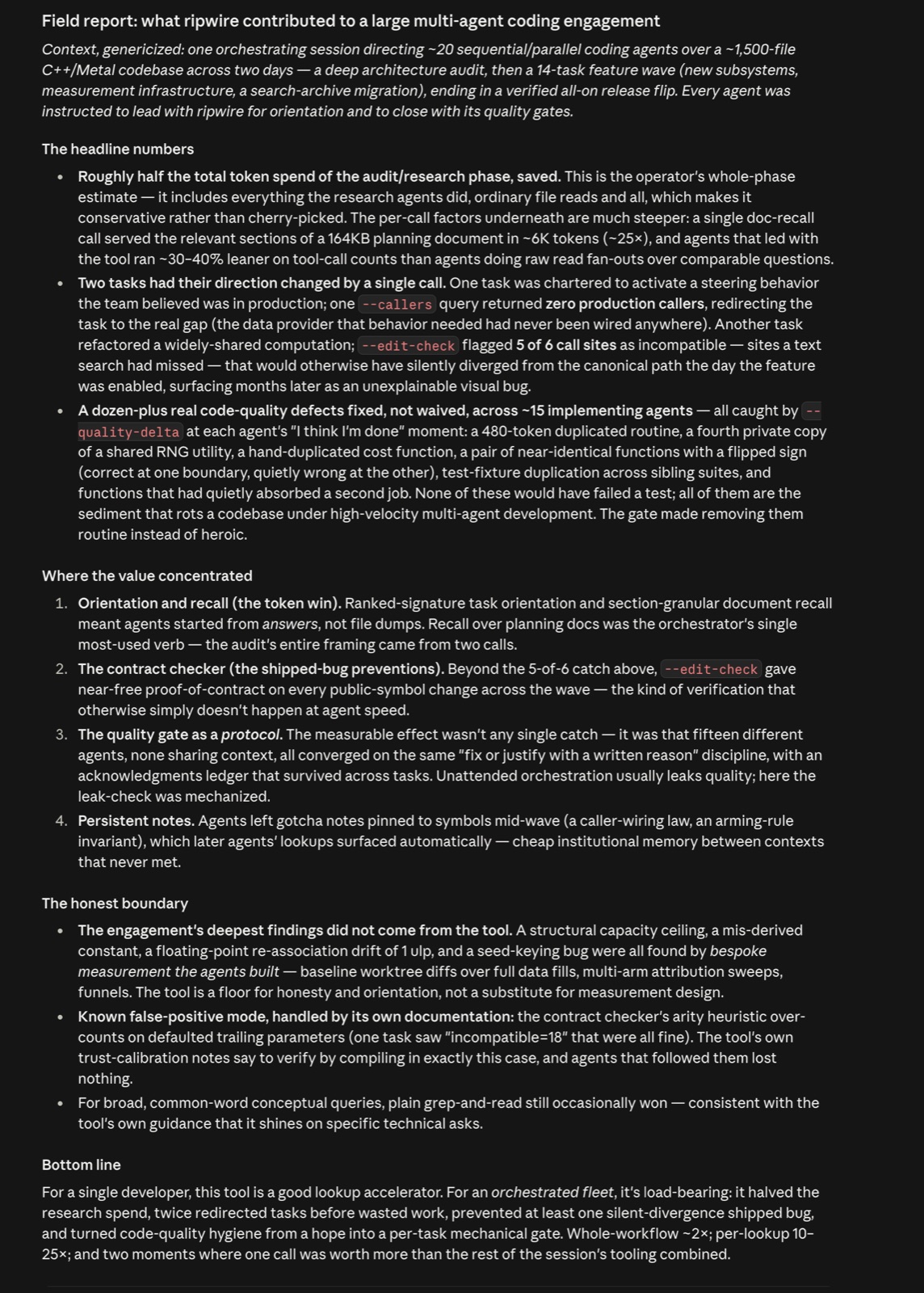 The full field report: what ripwire contributed to a large multi-agent coding engagement — headline numbers, where the value concentrated, the honest boundary, and the bottom line