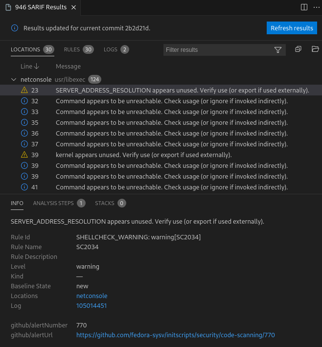 Visual Studio Code SARIF results