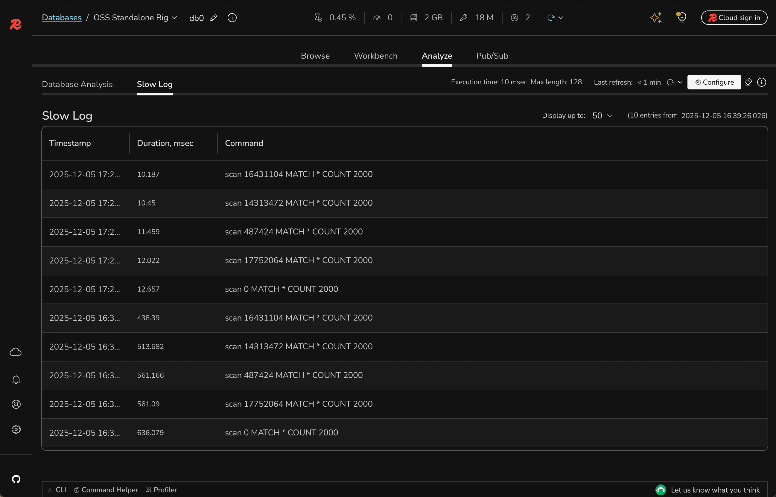 Redis Insight SlowLog screenshot