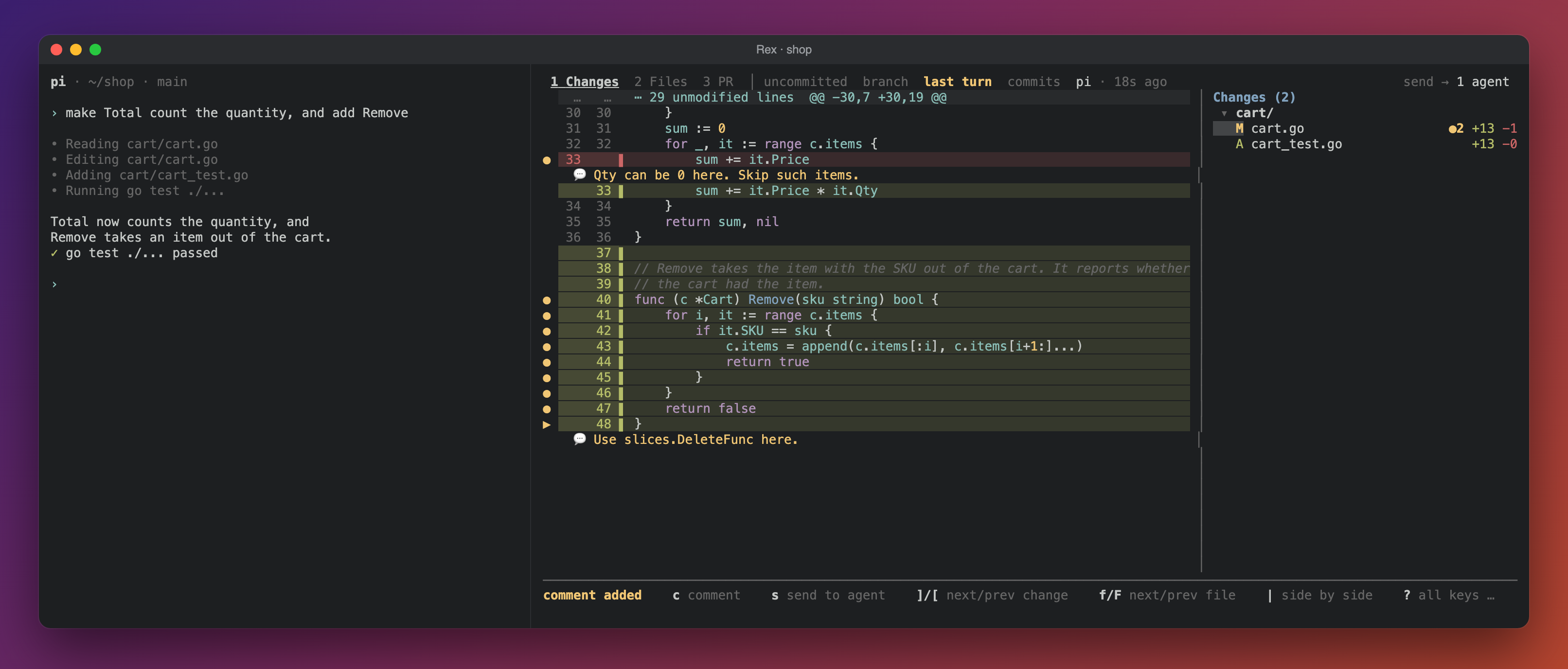 rexdiff beside a coding agent, with two review comments in the diff