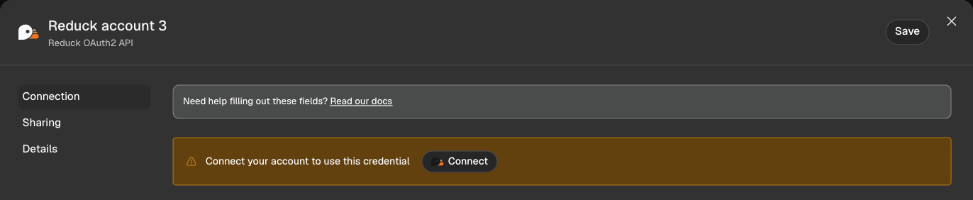 The new Reduck OAuth2 API credential, with its Connect button