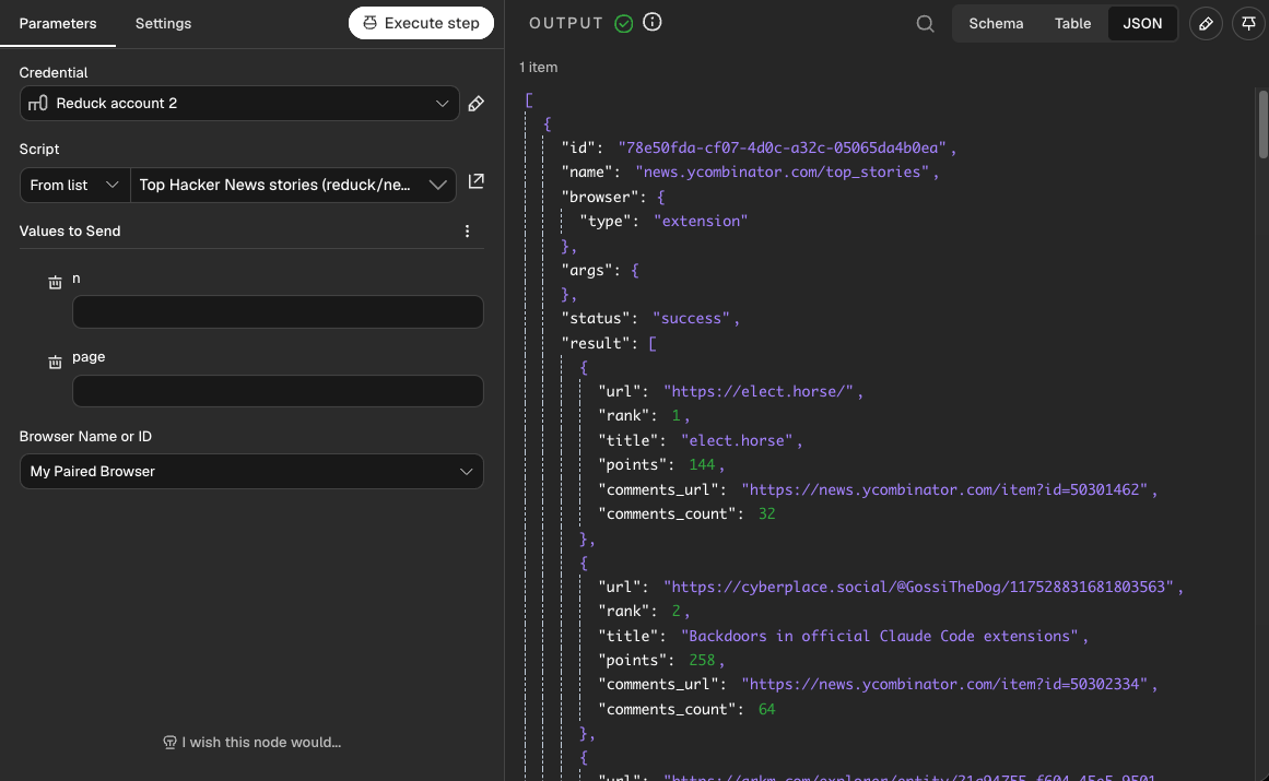 The Reduck node after Execute step: the run succeeded, and result lists the stories