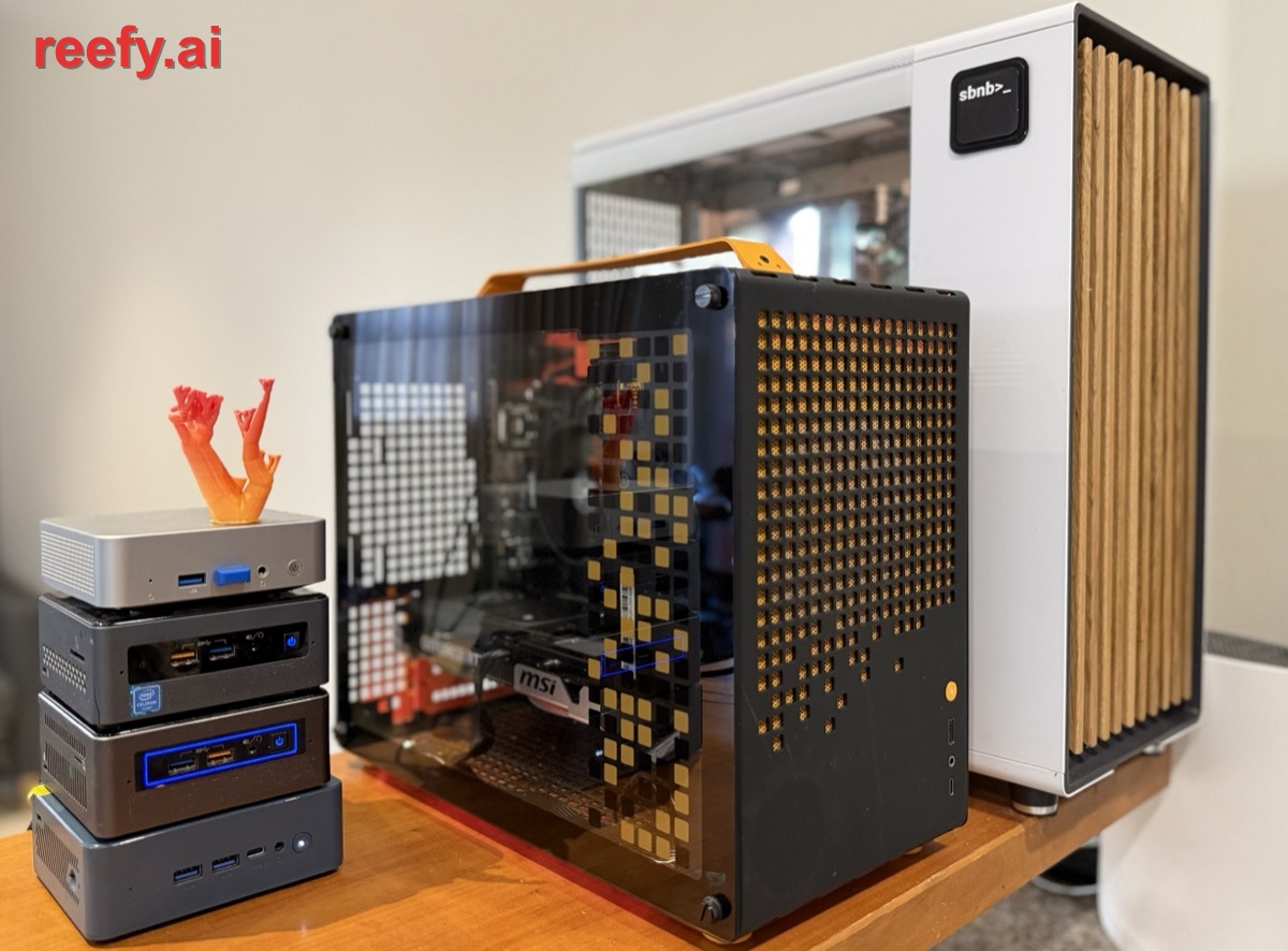 A Reefy home lab with a stack of mini-PCs and two custom NVIDIA GPU machines