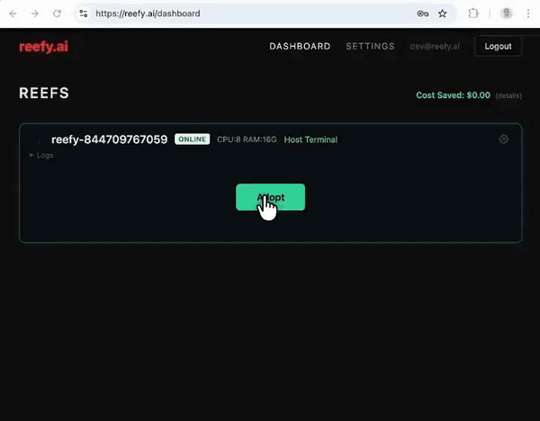 Reefy dashboard adopting a new device