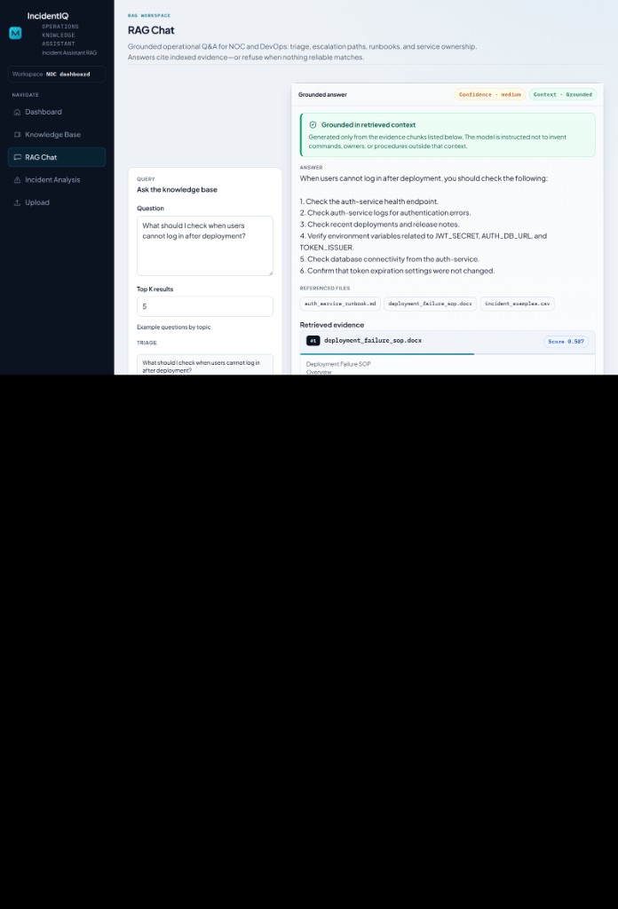 IncidentIQ — grounded RAG chat with source citations and confidence badges