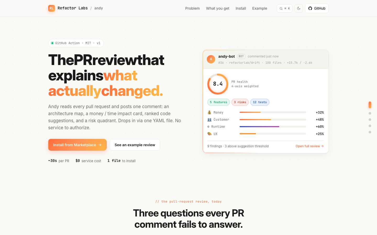 The Andy landing page — kinetic headline, live preview card with a radial PR-health gauge and animated impact bars