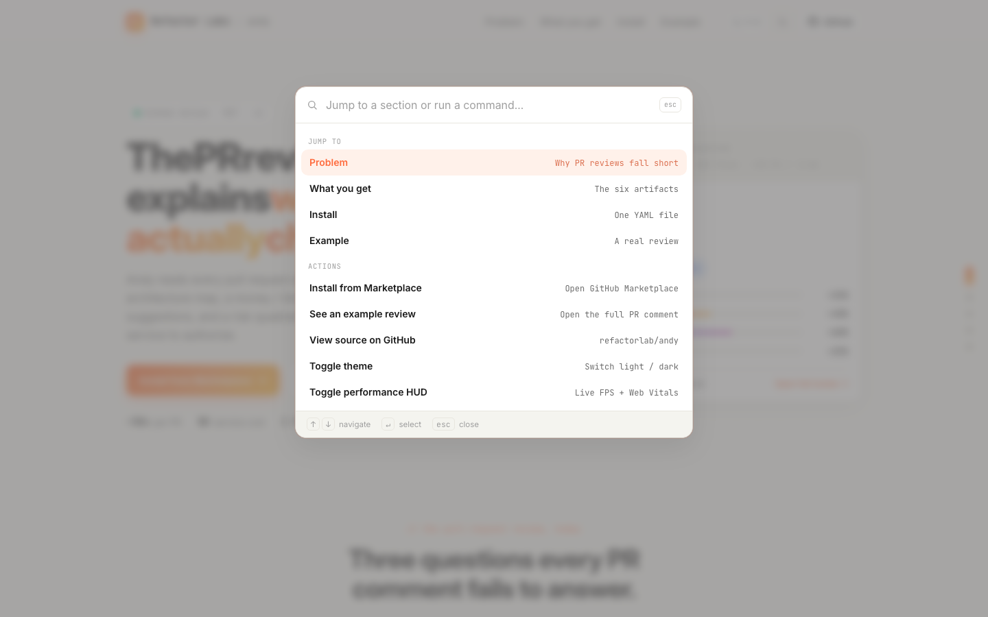 The ⌘K command palette open over the landing page — Jump To (Problem, What you get, Install, Example) and Actions (Install from Marketplace, See an example review, View source on GitHub, Toggle theme, Toggle performance HUD)