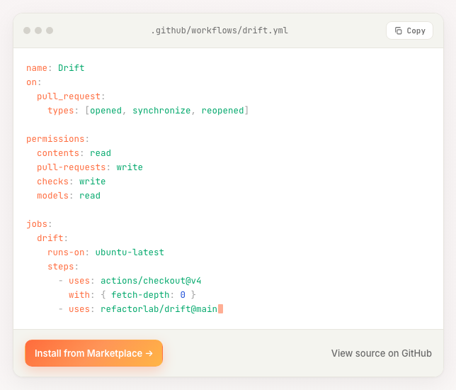 The workflow YAML with live syntax highlighting and a typing caret β keys in accent orange, values in green, numbers in blue