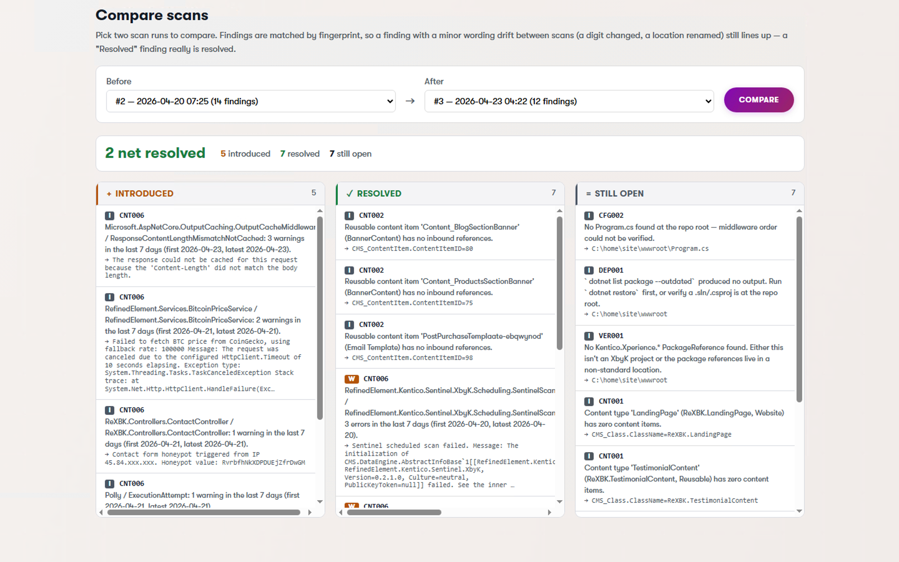 Compare scans — three columns showing Introduced / Resolved / Still open findings