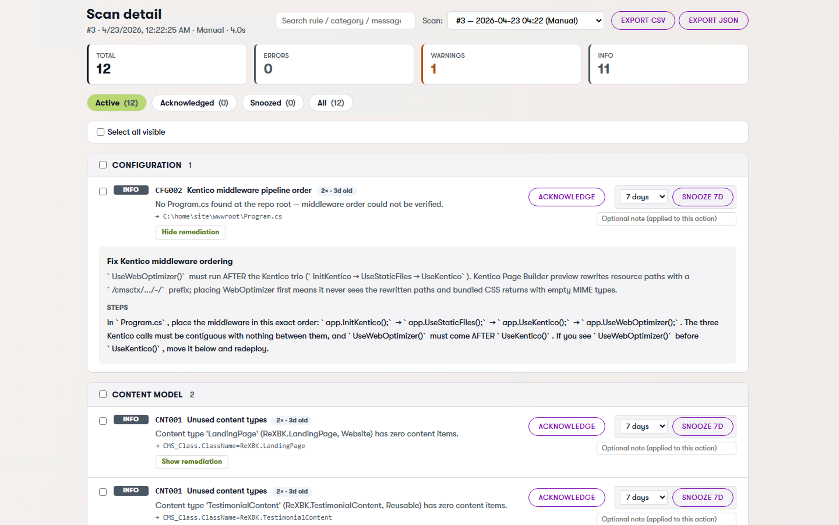 Scan detail — filters, findings grouped by category, expanded remediation panel