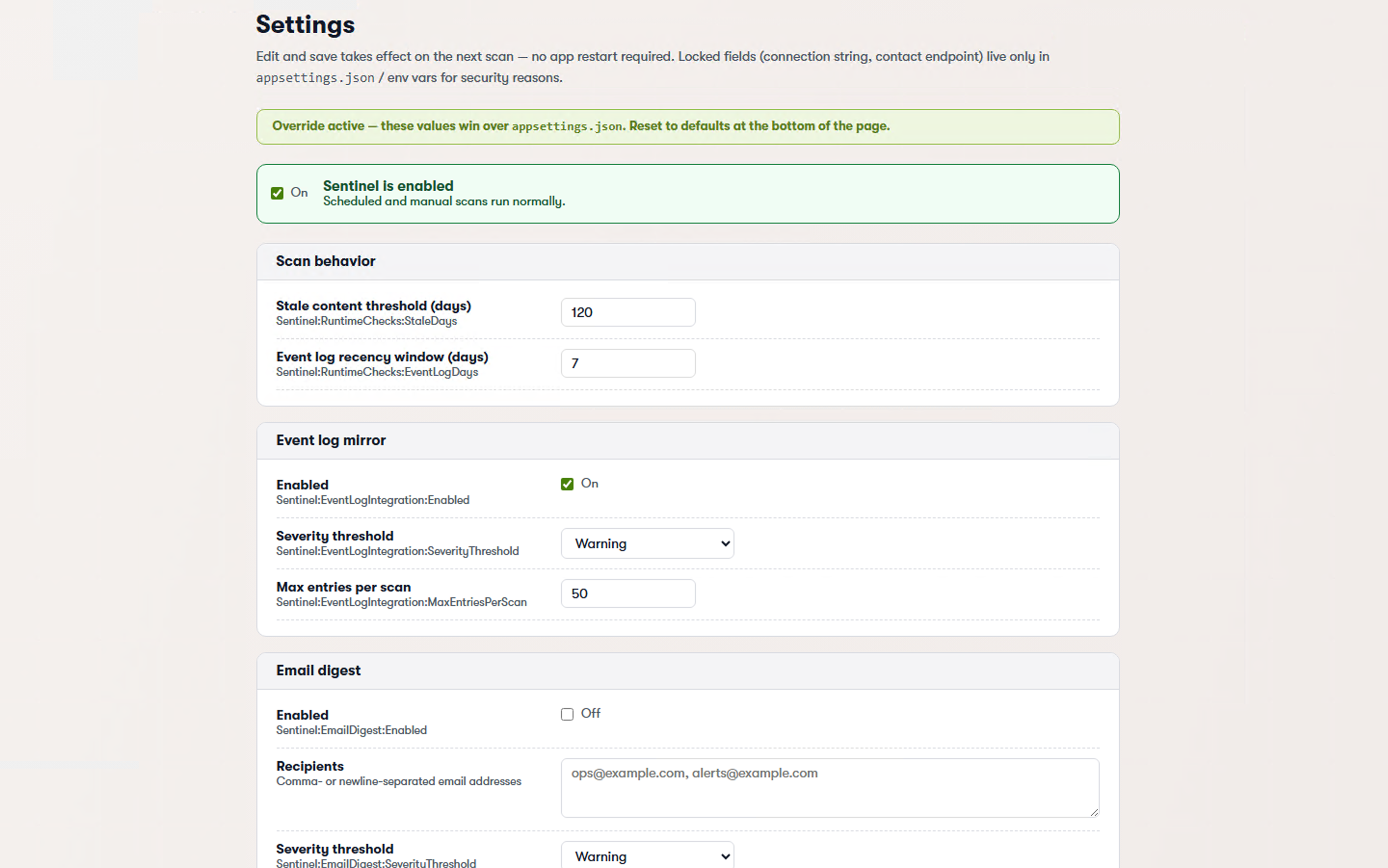 Settings — editable form with the "Override active" banner visible