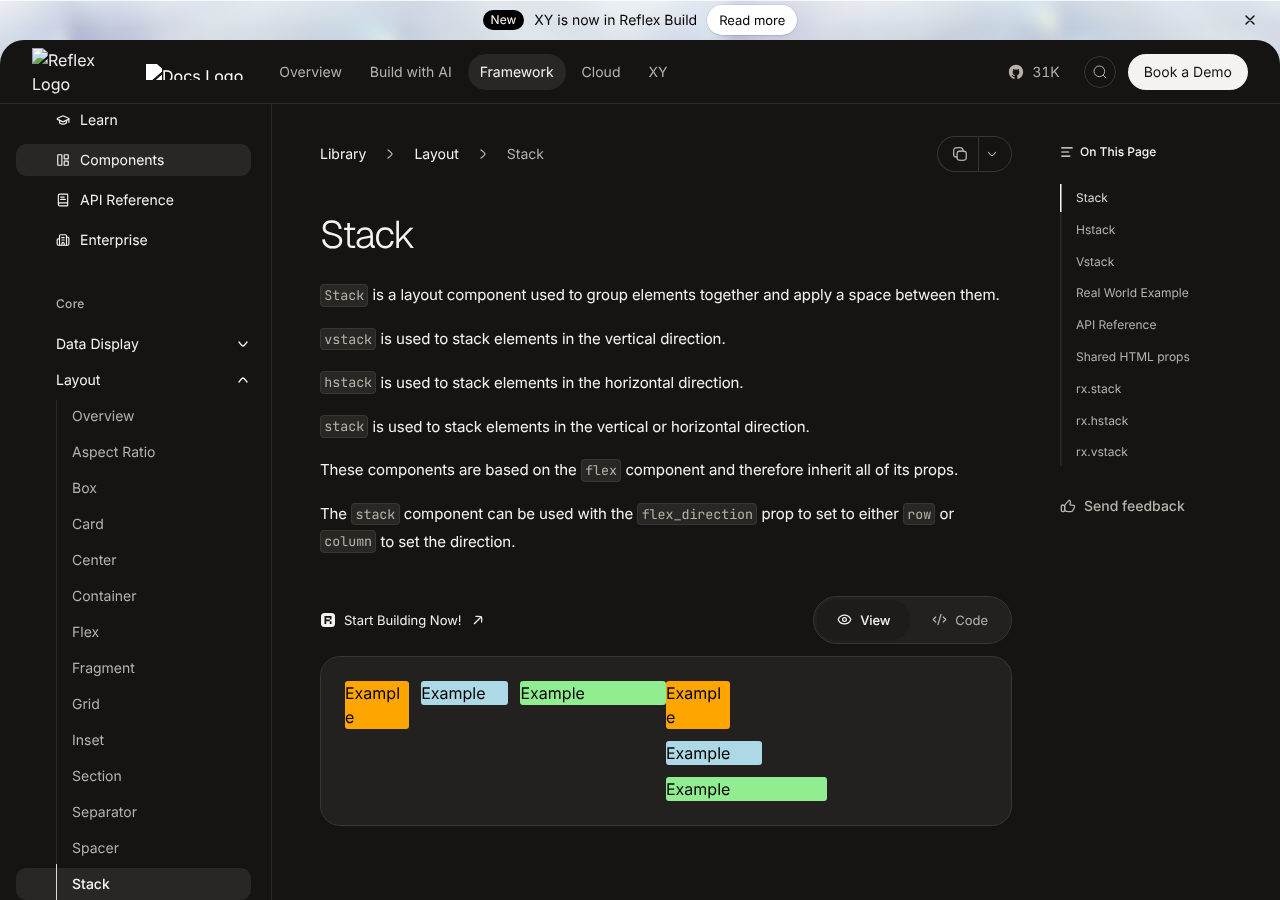 Stack demo in dark mode