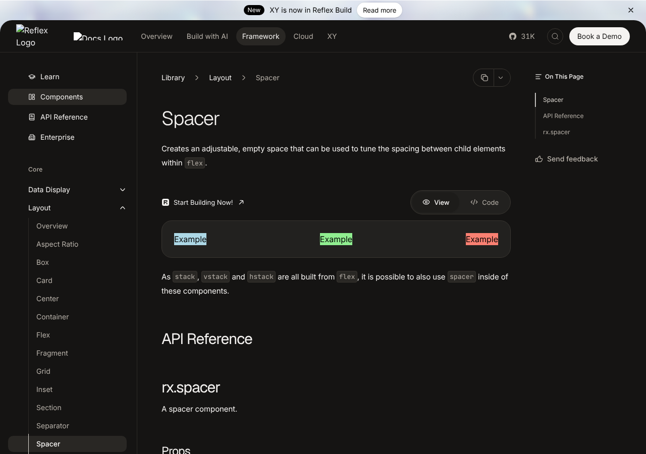 Spacer demo in dark mode