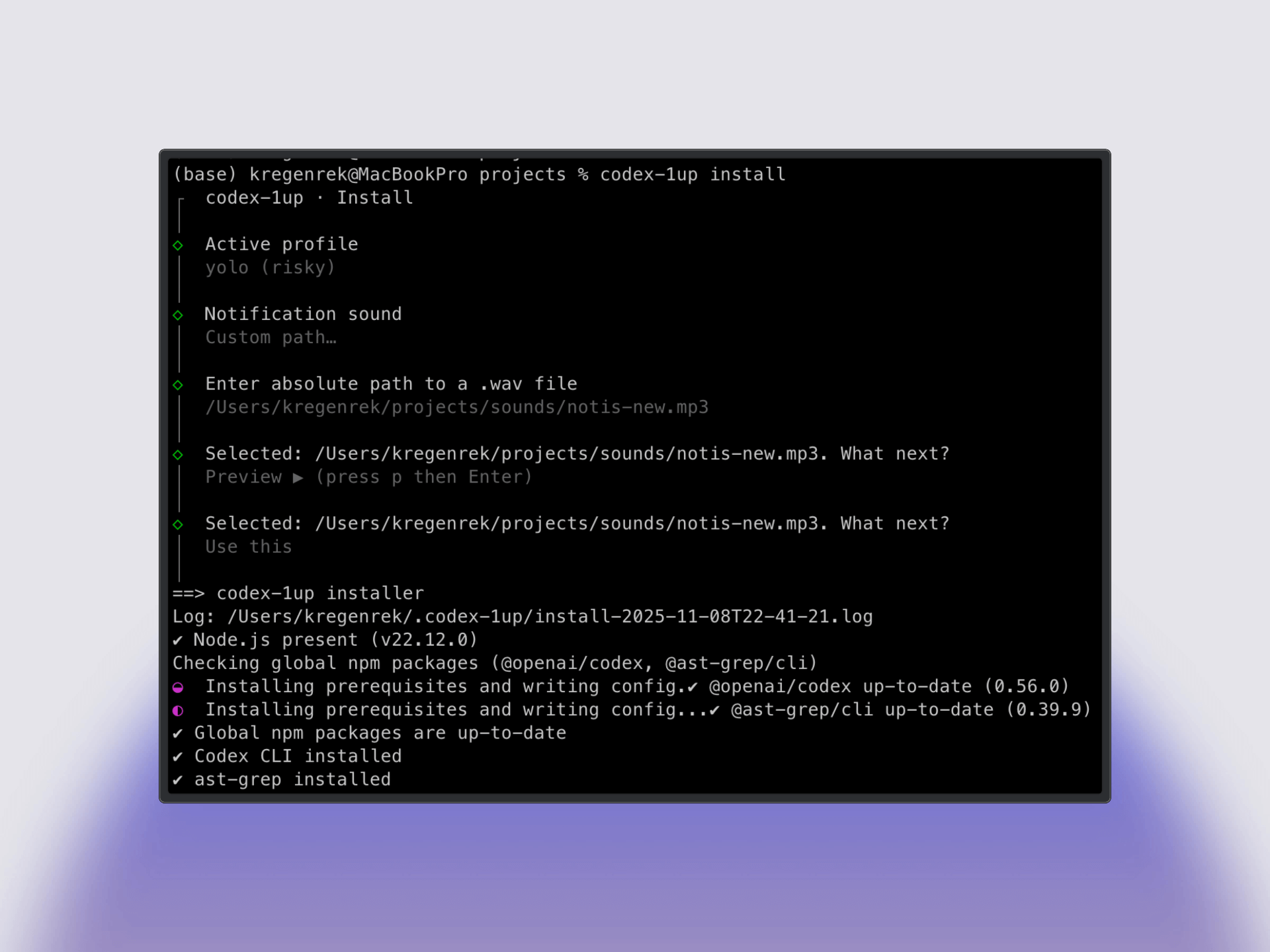 Screenshot of Codex 1UP terminal interface