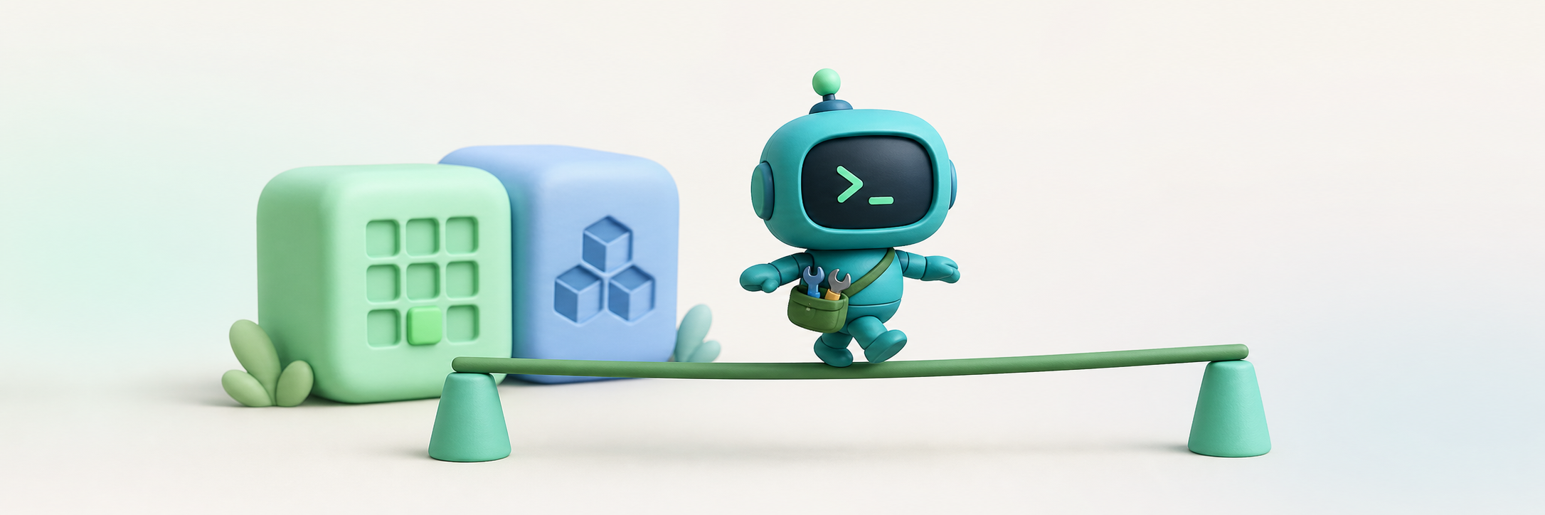 A small coding robot balancing lightly while oversized test and build blocks stay behind