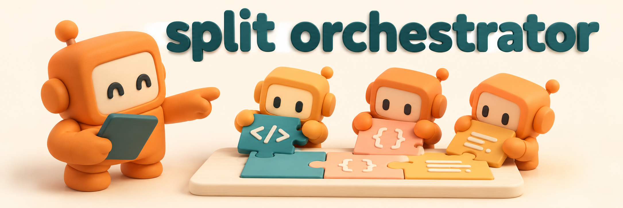 Split Orchestrator. One coordinator helps three coding mascots assemble their separate pieces.