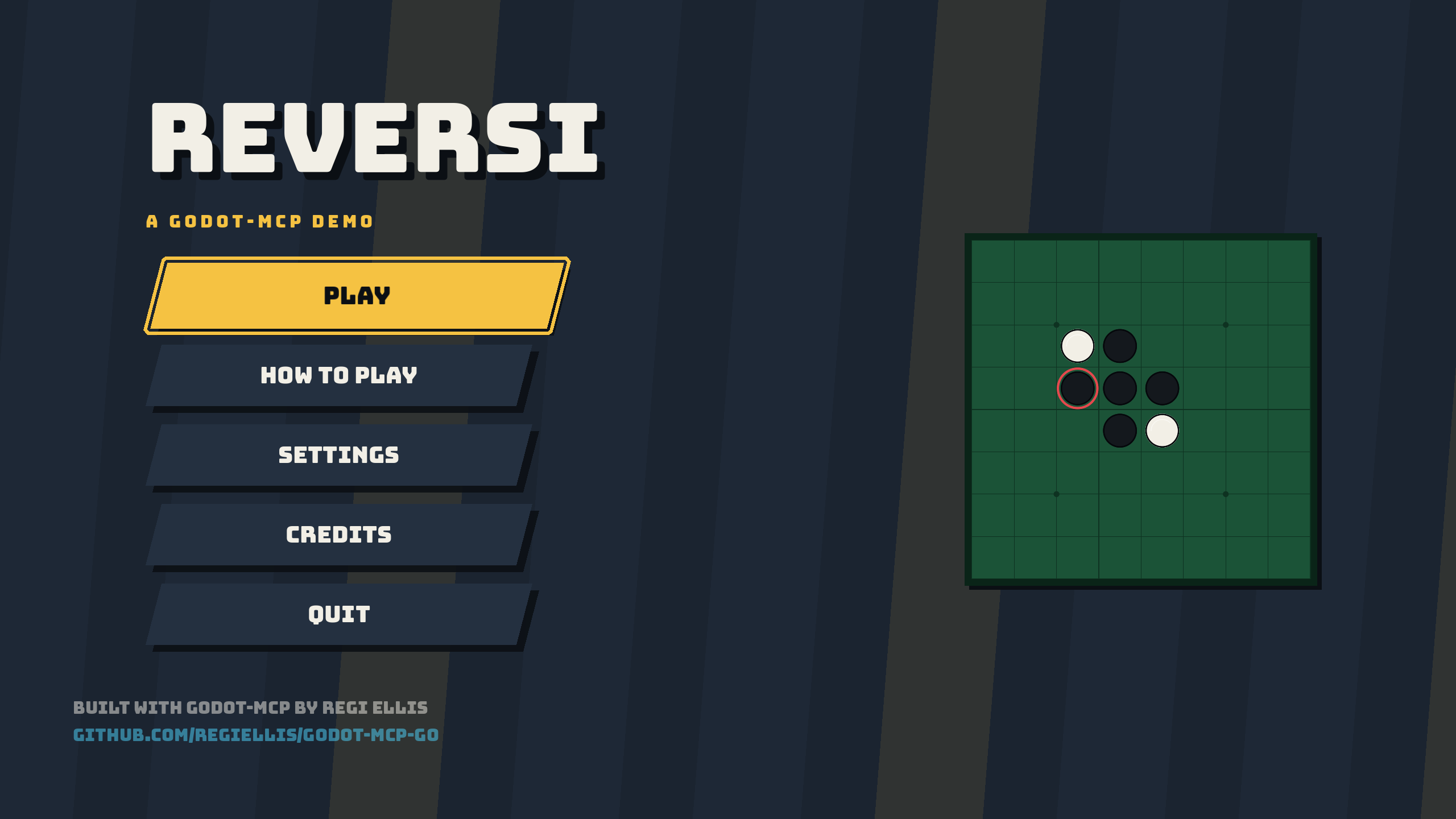 The Reversi title screen: the word REVERSI in a heavy display face beside a board playing itself