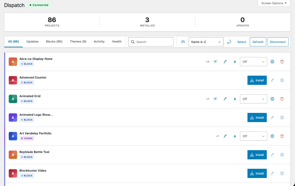 Dispatch admin screen