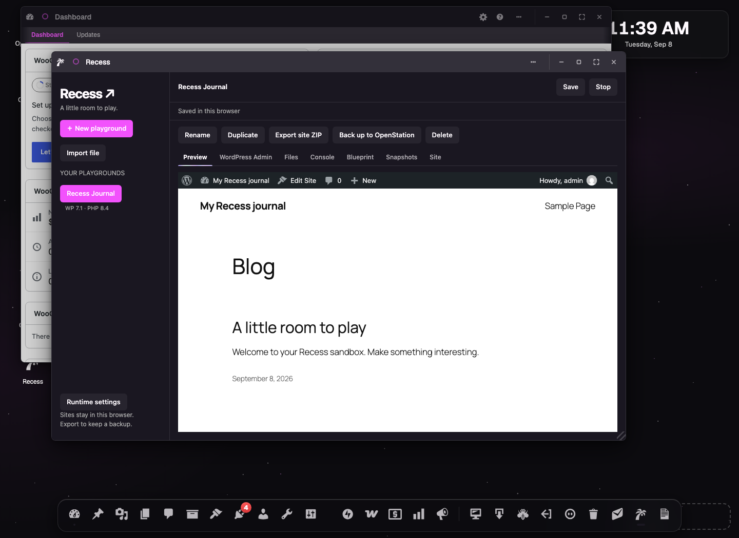 Recess running a WordPress site inside OpenStation