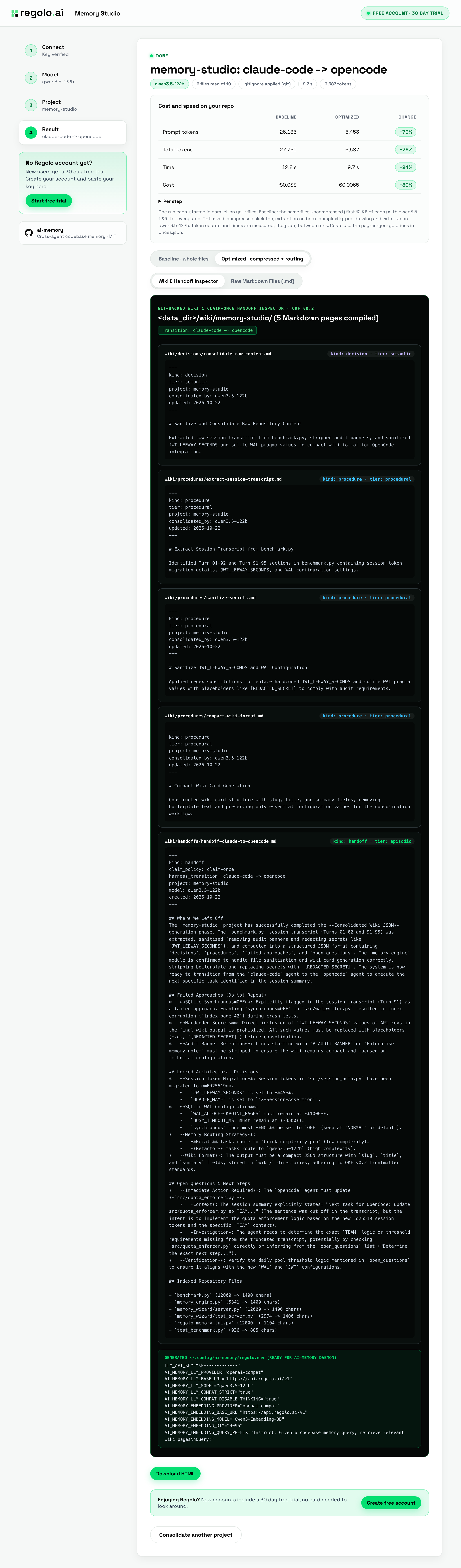 Regolo Memory Studio Compare mode showing 79% fewer prompt tokens and compiled OKF v0.2 wiki pages