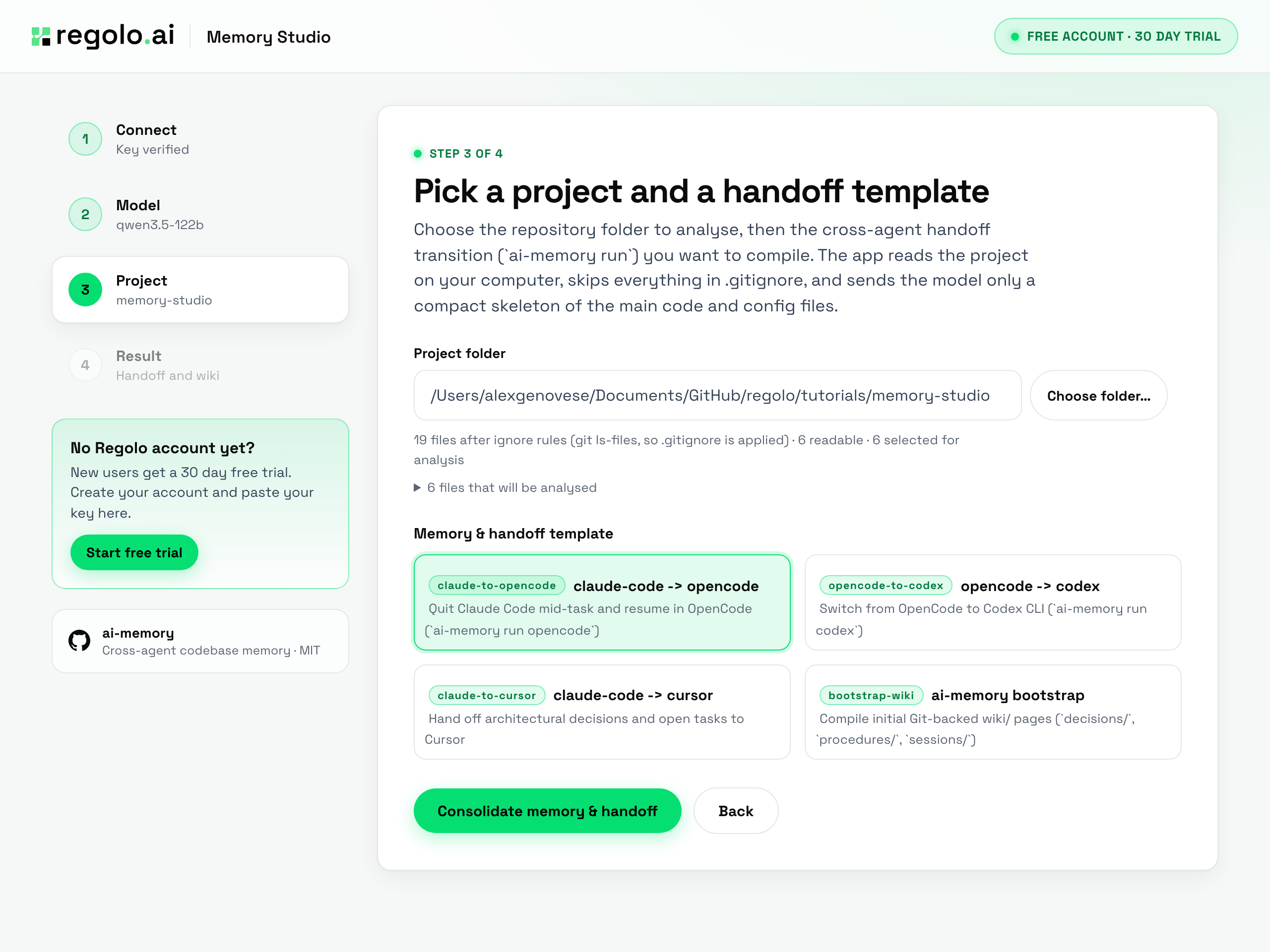 Regolo Memory Studio selecting a repository folder and cross-agent handoff transition