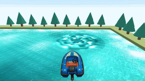 Lake Lab: a boat on a chase camera passes a whirlpool, then two-player split screen, then snow