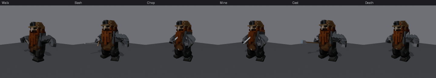 dwarf: slash, chop, mine, cast