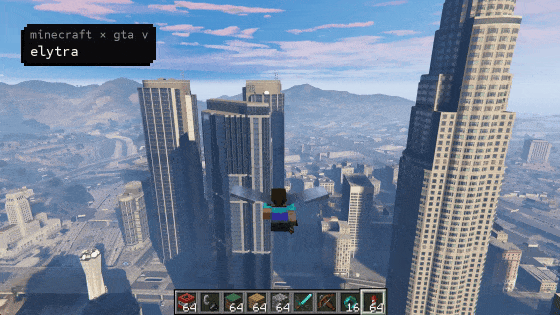Six mods made by AI coding agents, with the universal-modder tile in the corner: Steve gliding an elytra through Los Santos, the Nether spreading over Los Santos, Minecraft mobs fighting the LSPD, the Halo Warthog in Minecraft, a World at War flamethrower in Minecraft, and World at War zombies in Minecraft. It ends on the universal-modder logo and "mod any game."