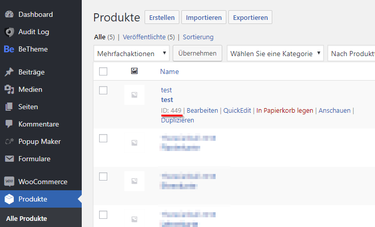 Screenshot of Woocommerce product list