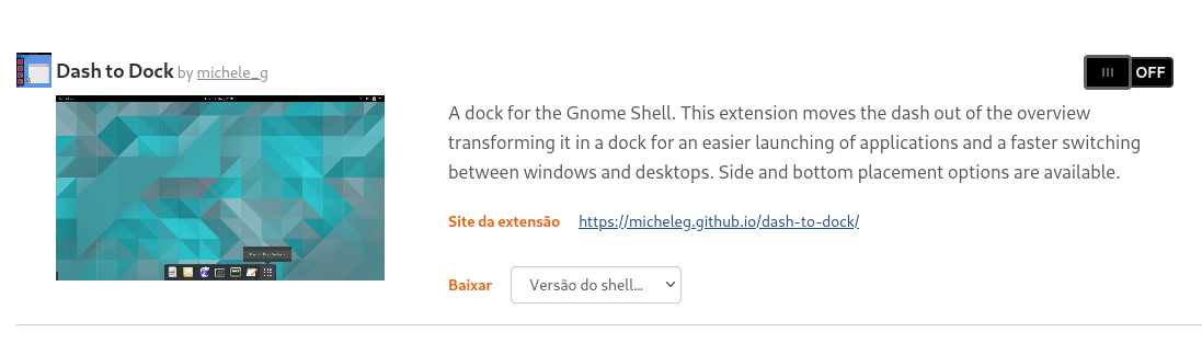 Adicionando a extensão Dash to Dock via browser