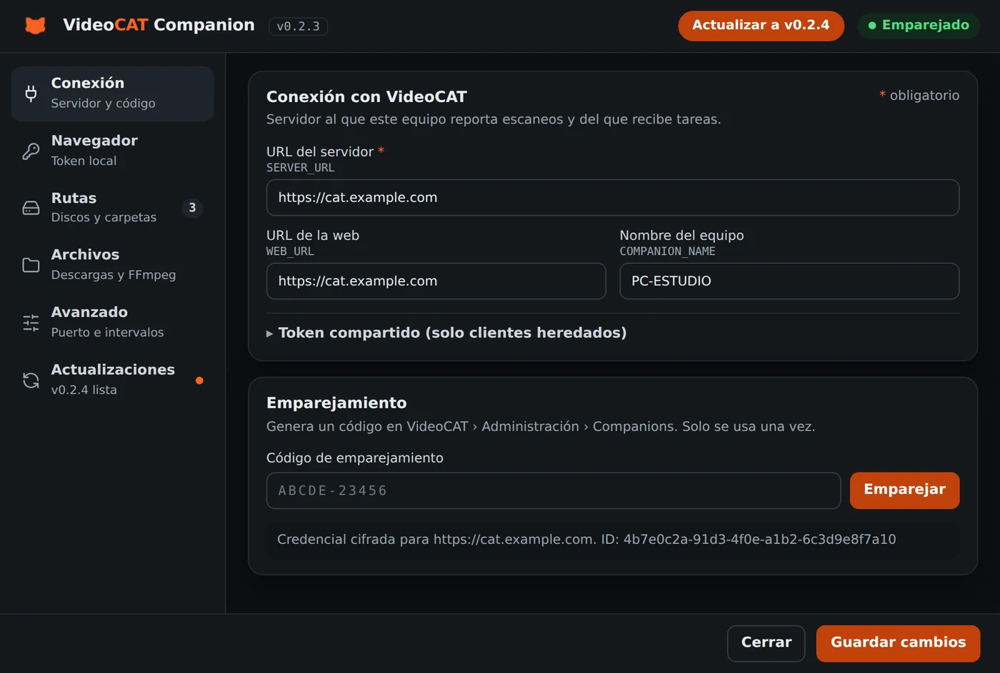 Companion settings (Spanish UI)