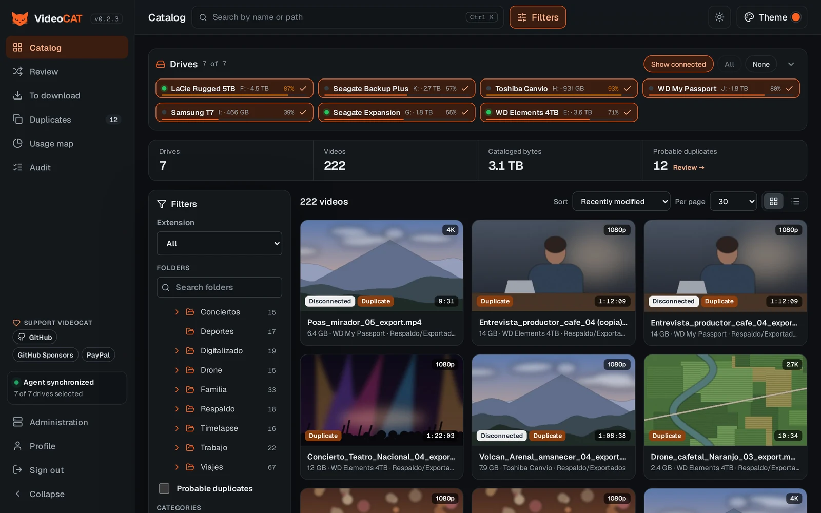 VideoCAT catalog with drives, filters and thumbnails