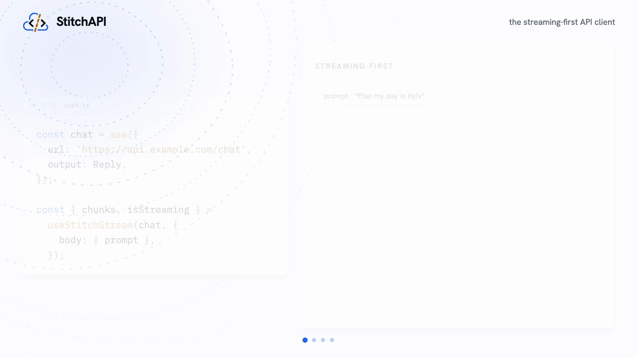 StitchAPI demo — a stitch streaming a reply, validating output, retrying a 502, and answering an agent tool call