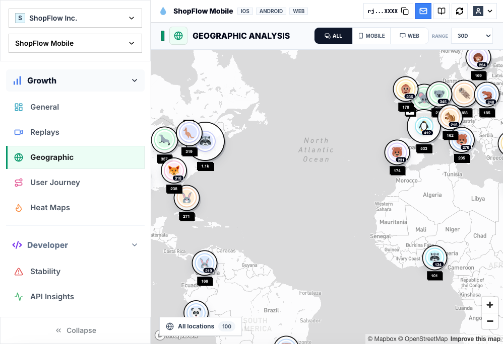 Geographic view showing regional session quality and performance context