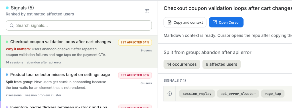 Ranked issue feed with affected sessions, error evidence, and issue context