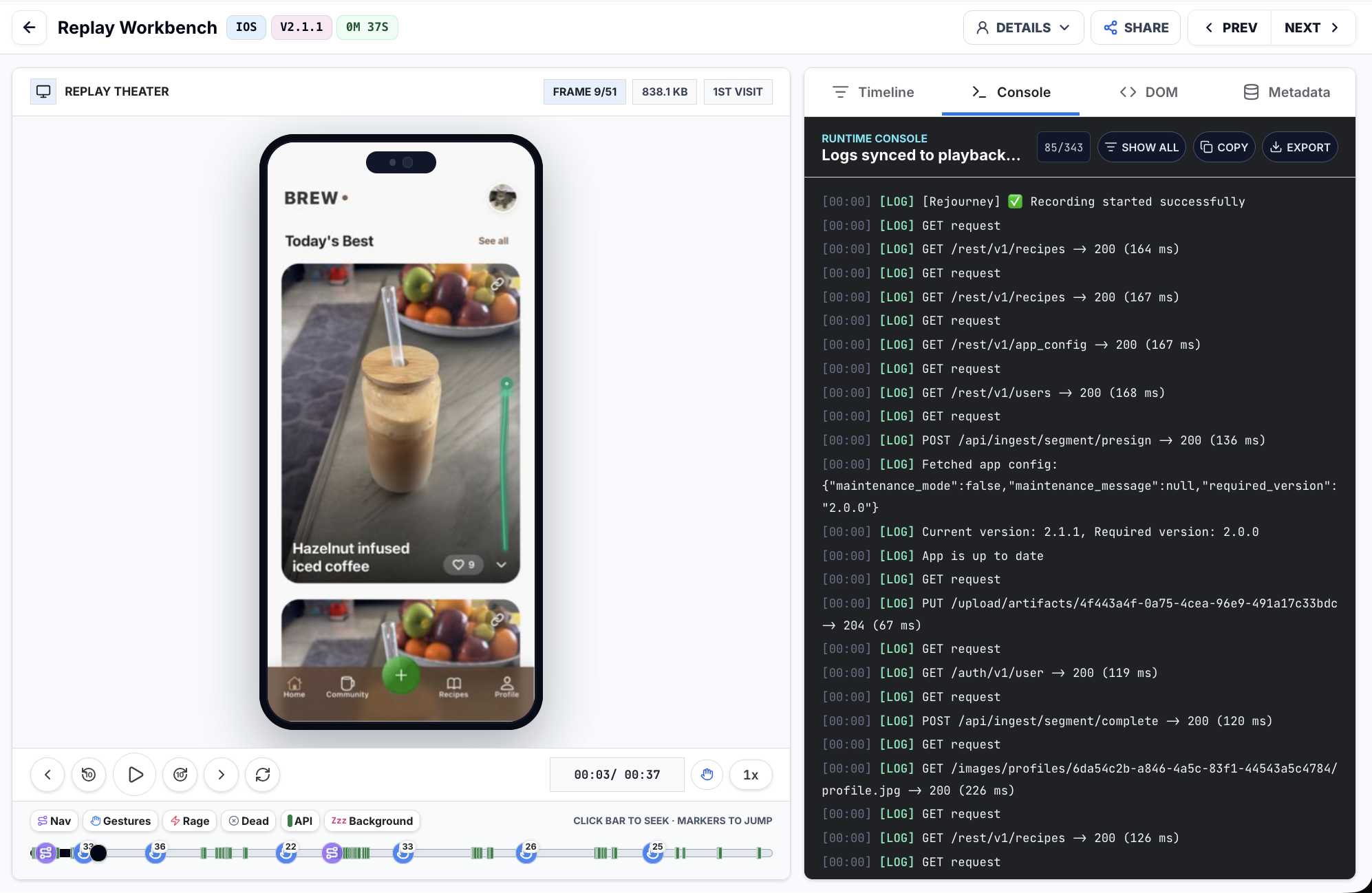 Replay Workbench showing a mobile recording, synchronized console, DOM, metadata, and event timeline