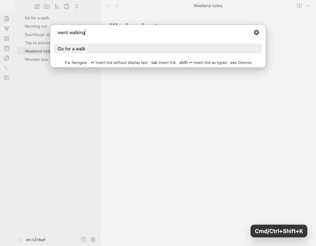 Modal search example: typing "went walking" finds the note "Go for a walk" via suppletive dictionary, with the recommended hotkey highlighted
