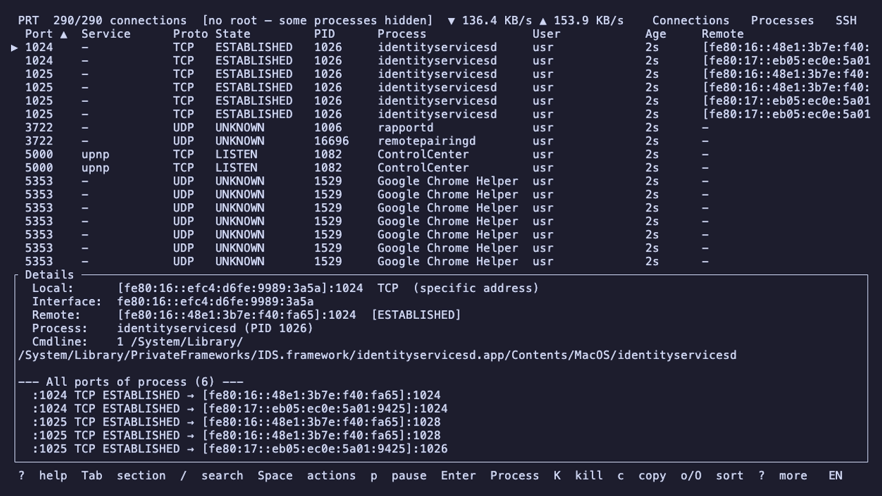 Animated prt demo moving from live connections to process details, network topology, the command palette, and contextual actions