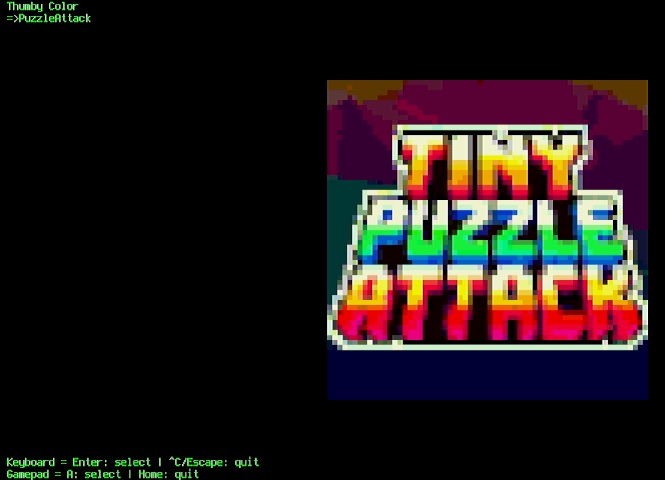 Screenshot of the game picker of the Thumby Color application on the Adafruit Fruit Jam