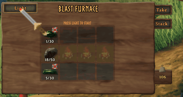 The Blast Furnace screen lighting up, glowing while it works, and cooling down