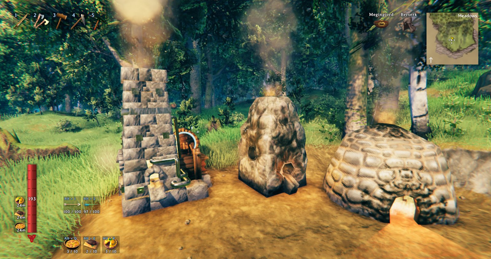A Blast Furnace, a Smelter and a Charcoal Kiln standing together in a meadow
