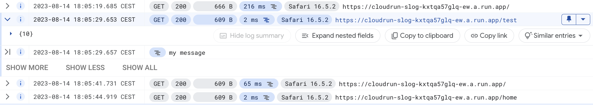 Cloud Logging screenshot with correlated logs