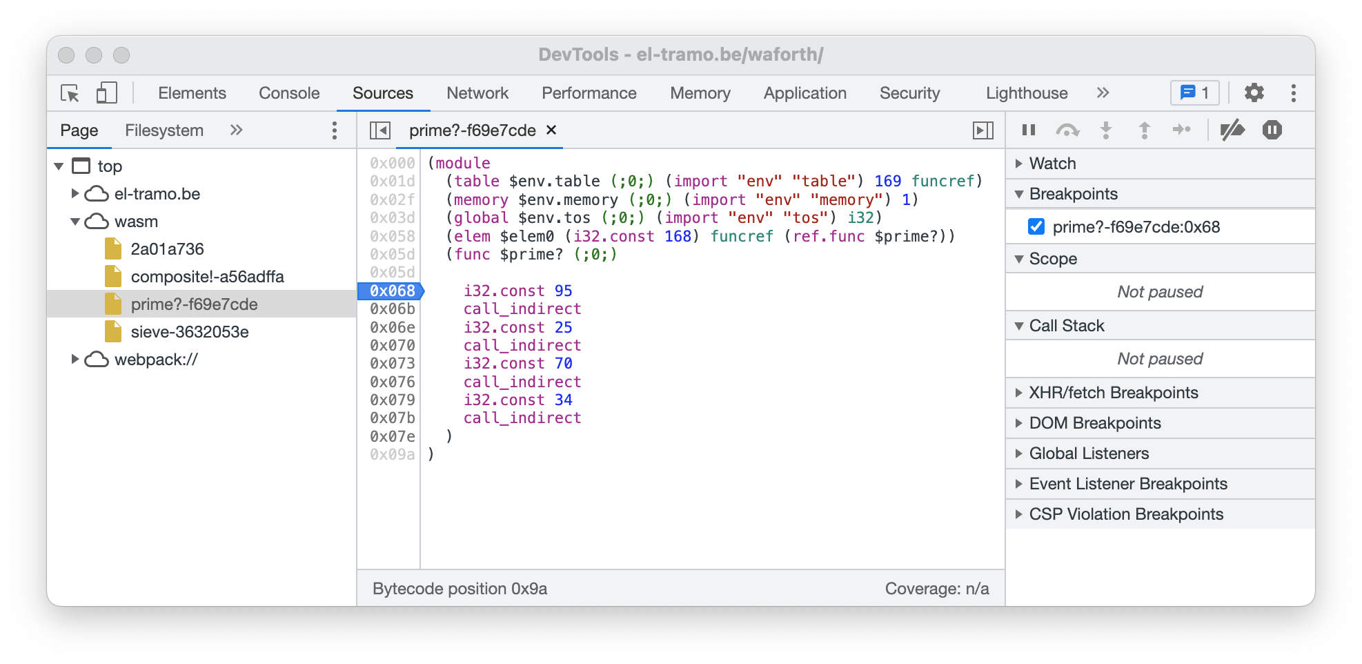 Debugger view of a compiled word Debugger view of a compiled word