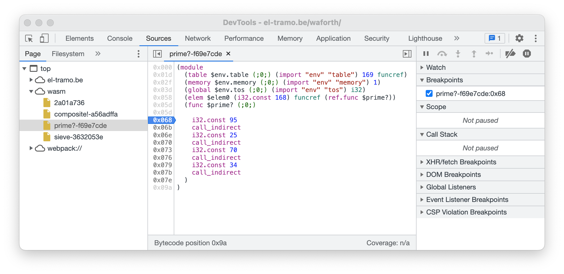 Debugger view of a compiled word
