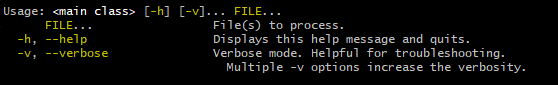 Usage help message with ANSI colors