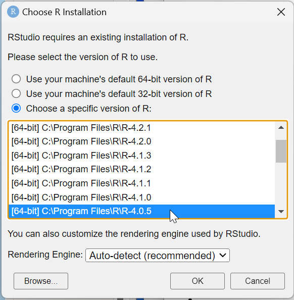 Screenshot of RStudio pop to select the version of R to run.